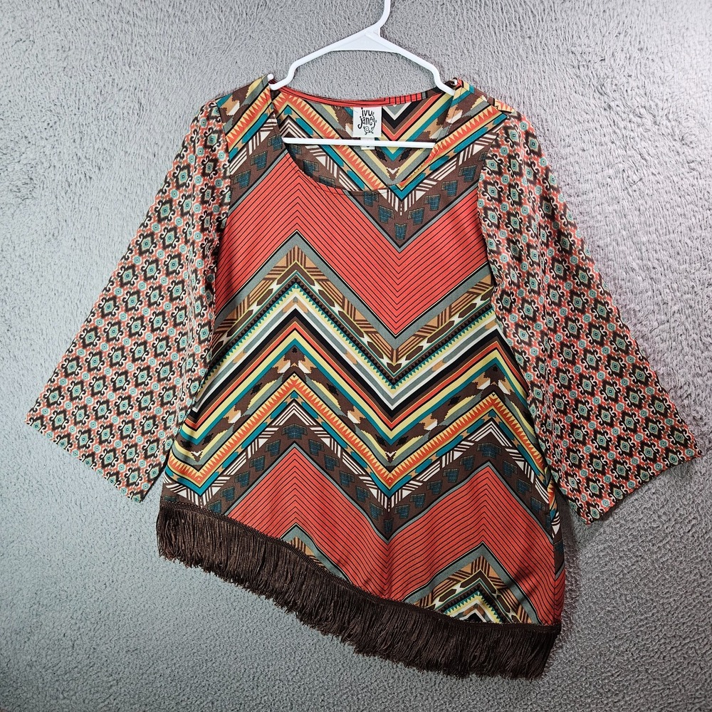 Ivy Jane Tunic Top Blouse Women Small Aztec Print Fringe Hem Colorful Geometric